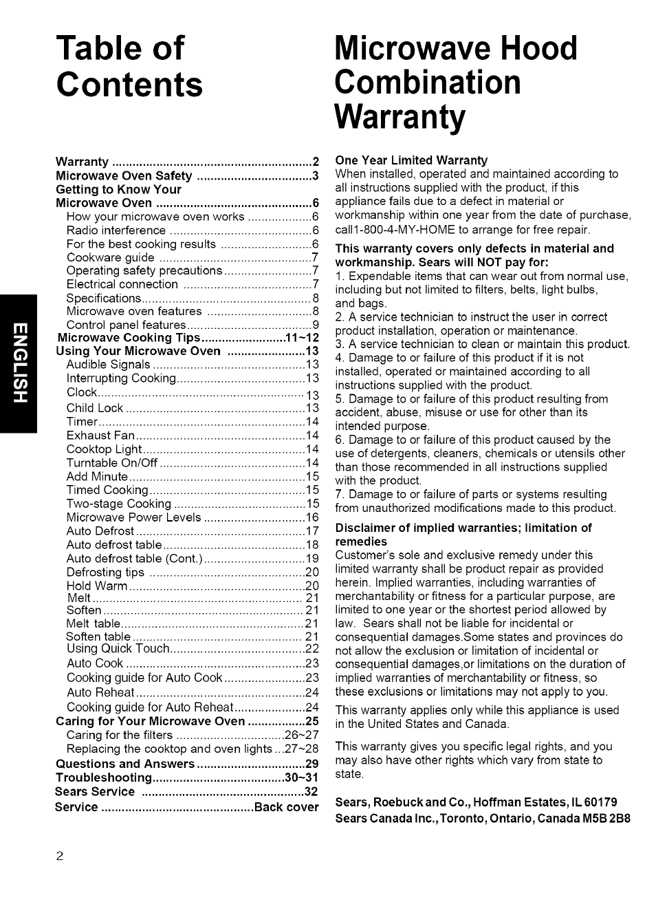 Microwave hood, Combination, Warranty | Kenmore MICROWAVE HOOD COMBINATION 721.80034 User Manual | Page 2 / 33