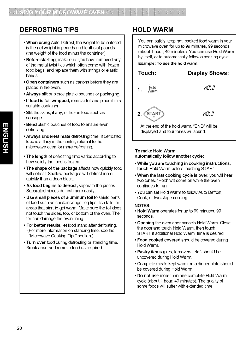 Defrosting tips hold warm, Touch, Display shows | Kenmore MICROWAVE HOOD COMBINATION 721.80034 User Manual | Page 20 / 33