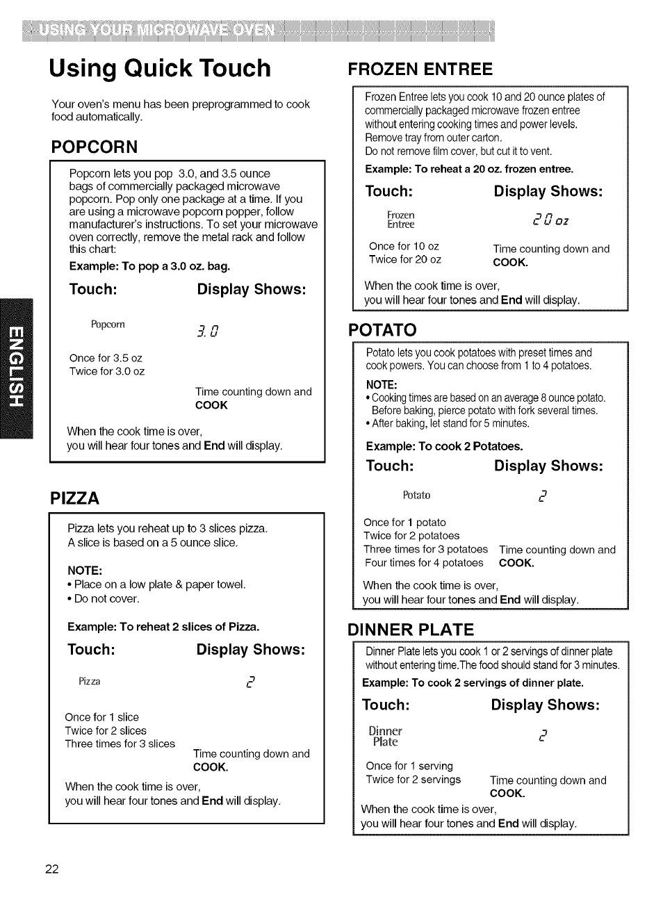 Using quick touch, Popcorn, Pizza | Frozen entree, Potato, Dinner plate | Kenmore MICROWAVE HOOD COMBINATION 721.80034 User Manual | Page 22 / 33