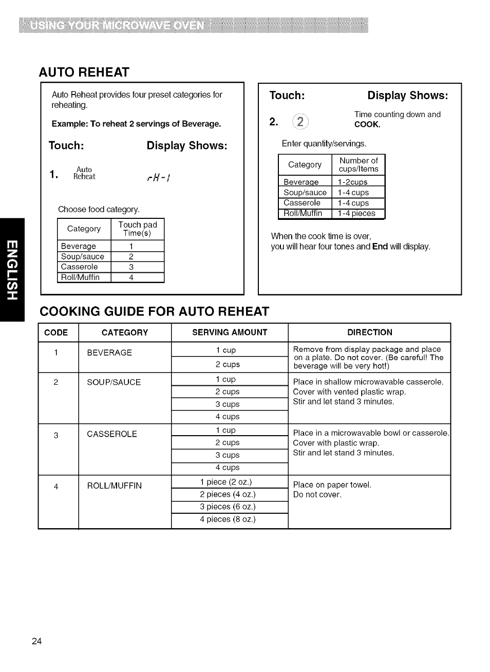 Cooking guide for auto reheat, Auto reheat, Touch: display shows | Touch, Display shows | Kenmore MICROWAVE HOOD COMBINATION 721.80034 User Manual | Page 24 / 33