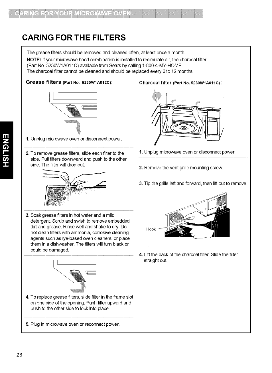 Caring for the filters | Kenmore MICROWAVE HOOD COMBINATION 721.80034 User Manual | Page 26 / 33