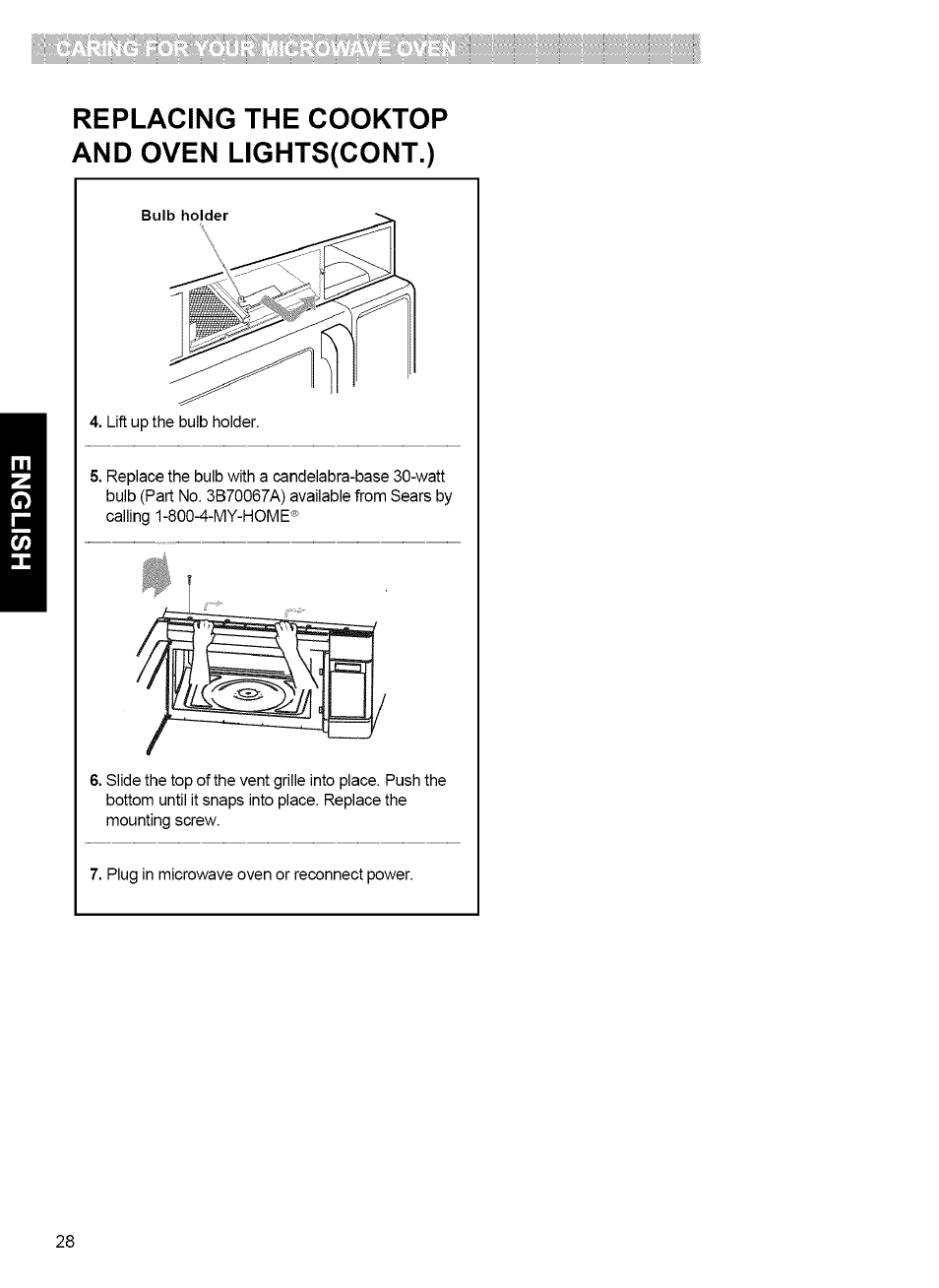 Replacing the cooktop and oven lights(cont.) | Kenmore MICROWAVE HOOD COMBINATION 721.80034 User Manual | Page 28 / 33