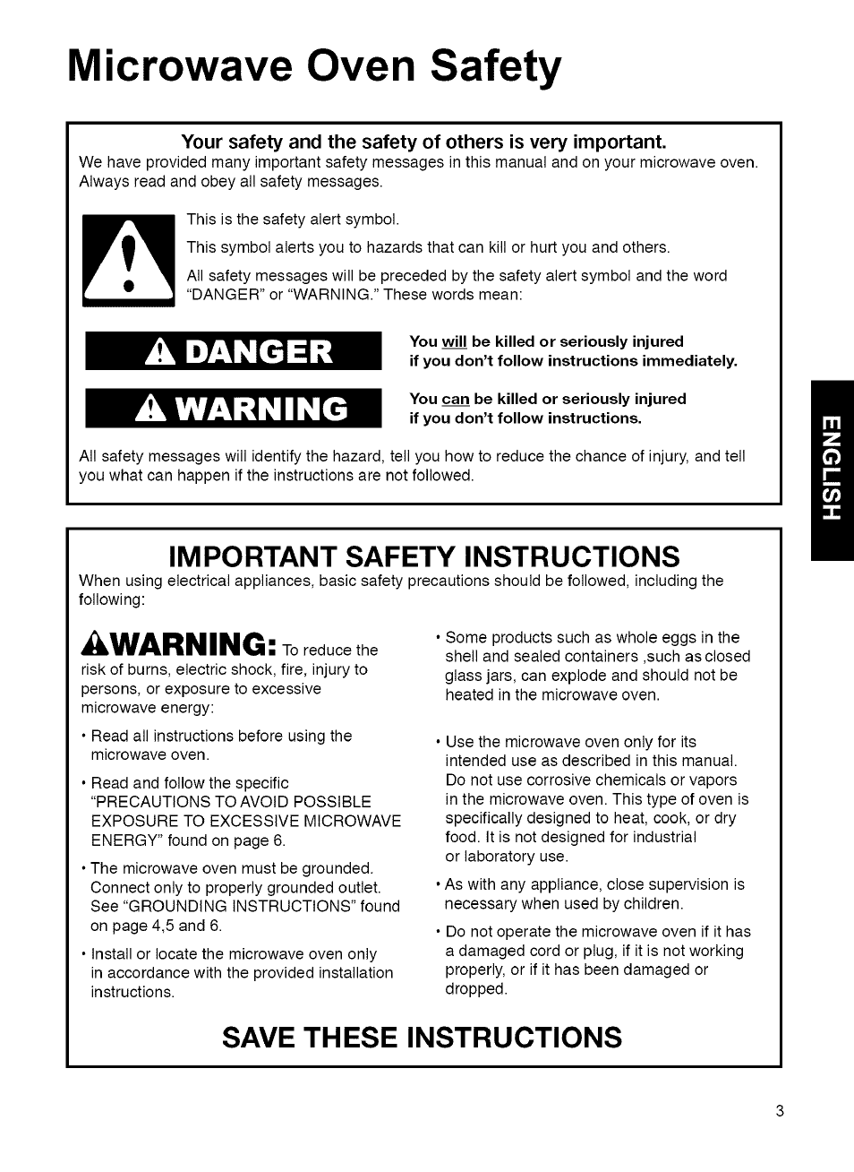 Microwave oven safety, A danger, Warning | Important safety instructions, Awarning, Save these instructions | Kenmore MICROWAVE HOOD COMBINATION 721.80034 User Manual | Page 3 / 33