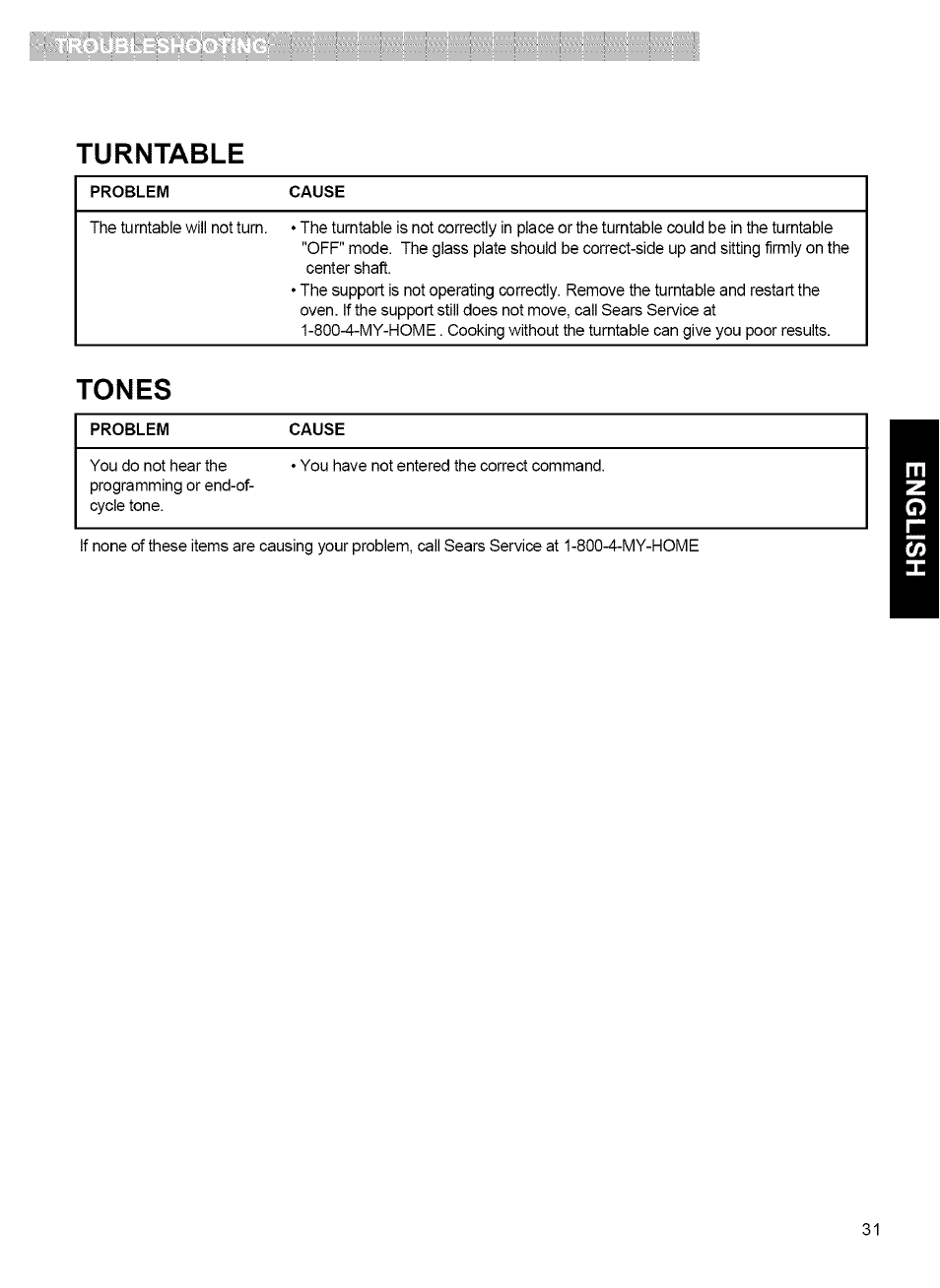 Turntable, Tones | Kenmore MICROWAVE HOOD COMBINATION 721.80034 User Manual | Page 31 / 33