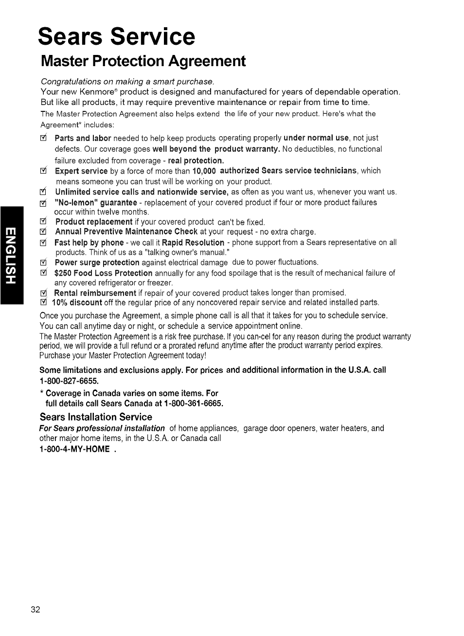 Sears service, Master protection agreement | Kenmore MICROWAVE HOOD COMBINATION 721.80034 User Manual | Page 32 / 33