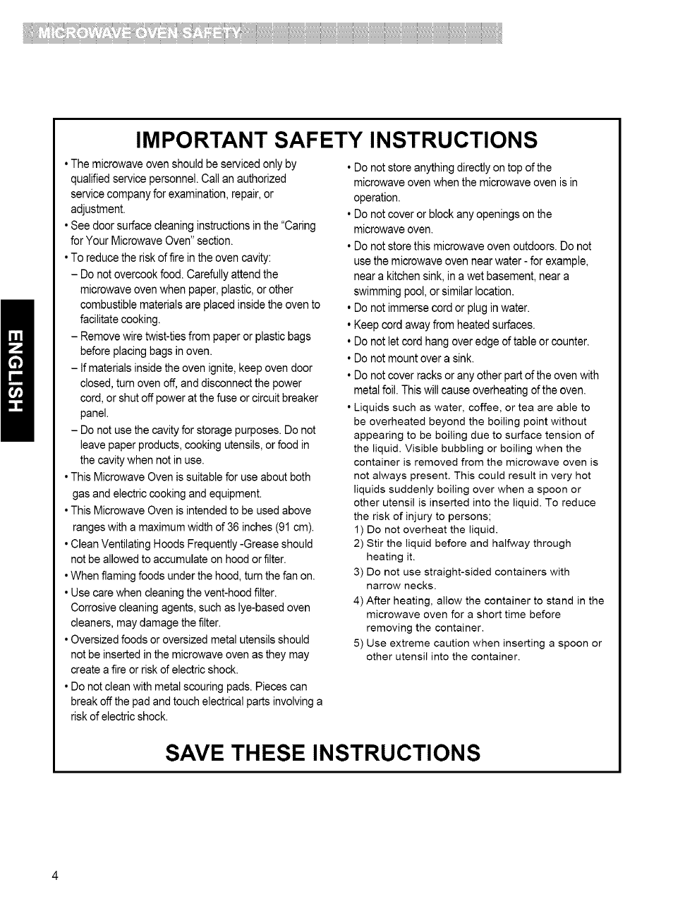 Important safety instructions, Save these instructions | Kenmore MICROWAVE HOOD COMBINATION 721.80034 User Manual | Page 4 / 33