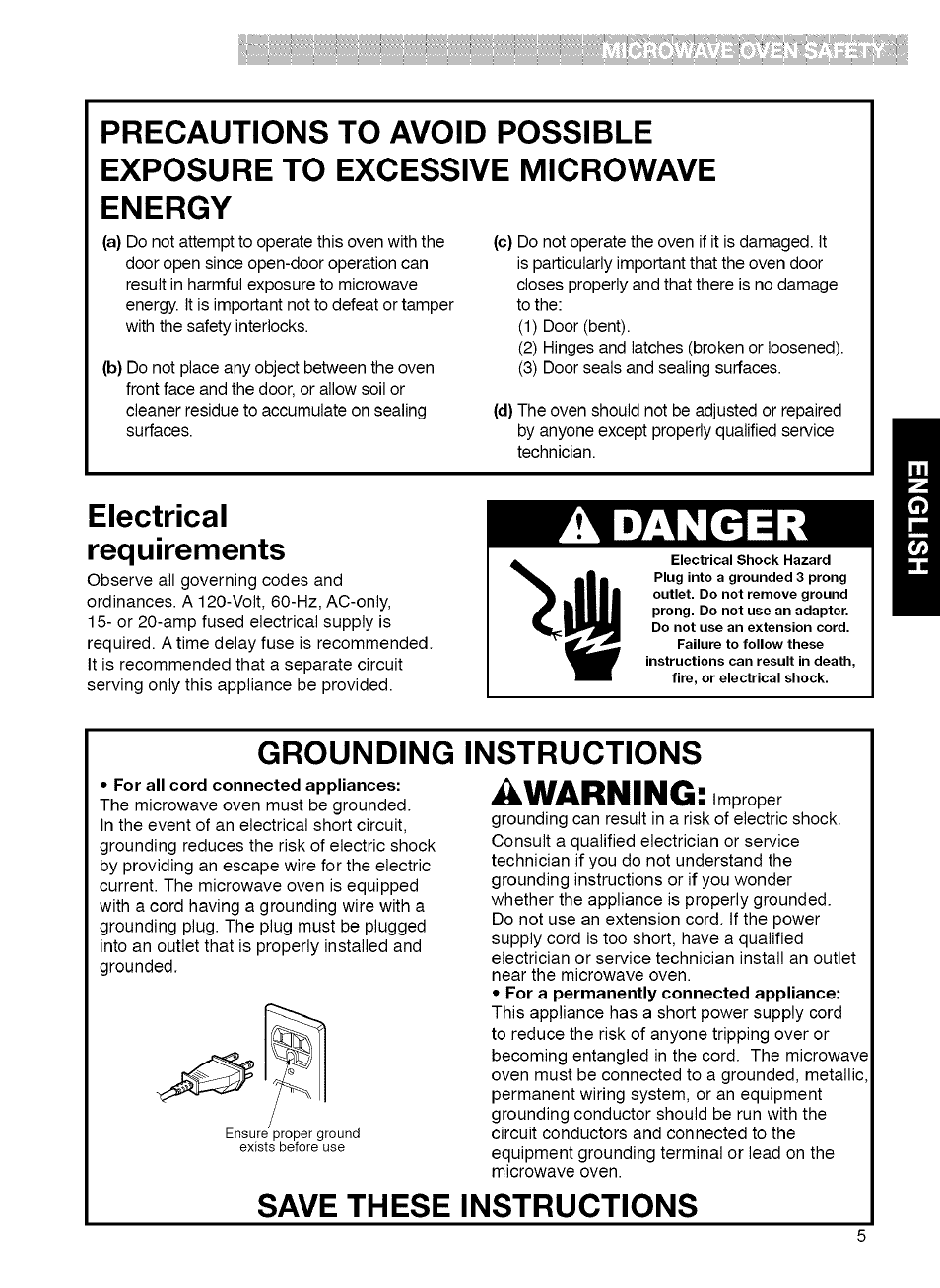 Danger, Awarning, Electrical requirements | Grounding instructions, Save these instructions | Kenmore MICROWAVE HOOD COMBINATION 721.80034 User Manual | Page 5 / 33