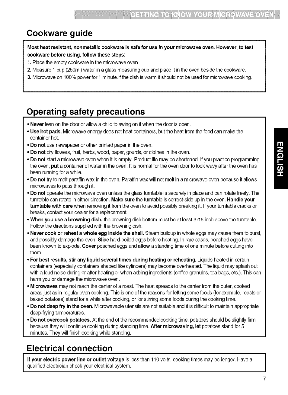 Cookware guide, Operating safety precautions, Electrical connection | Kenmore MICROWAVE HOOD COMBINATION 721.80034 User Manual | Page 7 / 33