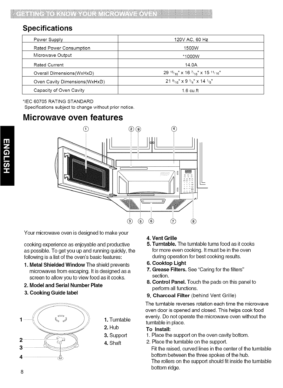 Specifications, Microwave oven features | Kenmore MICROWAVE HOOD COMBINATION 721.80034 User Manual | Page 8 / 33