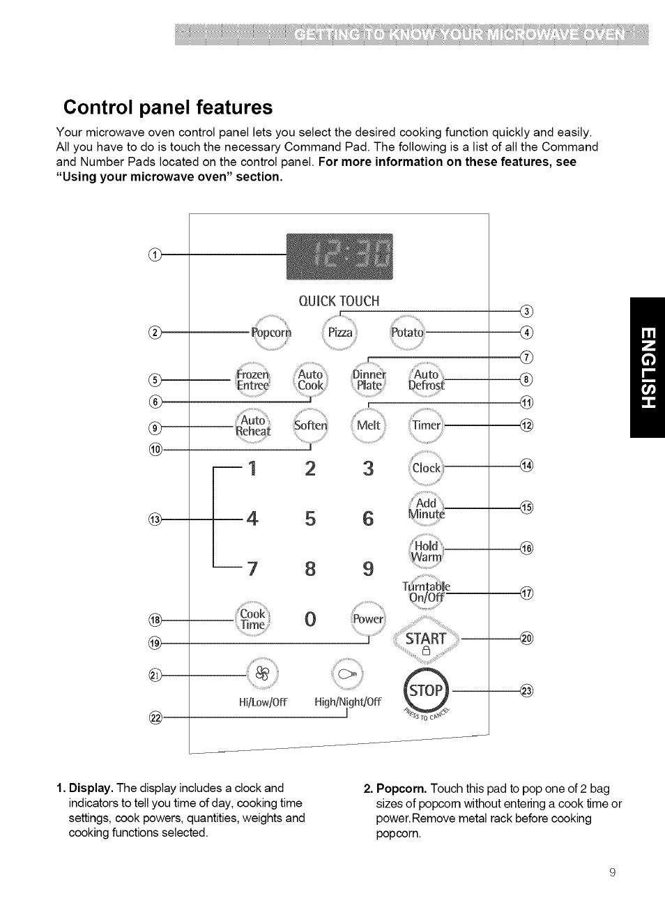 Control panel features | Kenmore MICROWAVE HOOD COMBINATION 721.80034 User Manual | Page 9 / 33