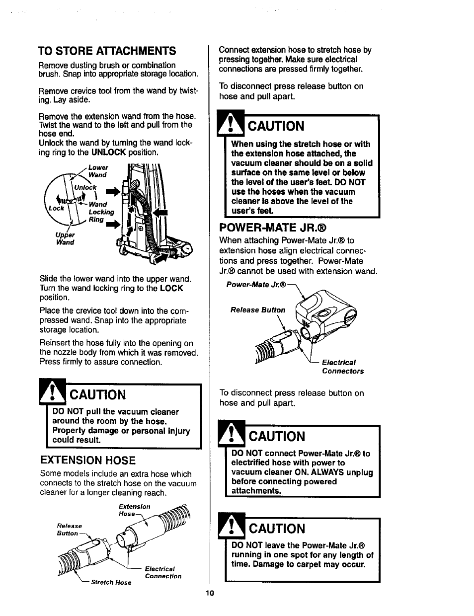 To store attachments, Caution, Extension hose | Power-mate jr | Kenmore 116.34924 User Manual | Page 10 / 40