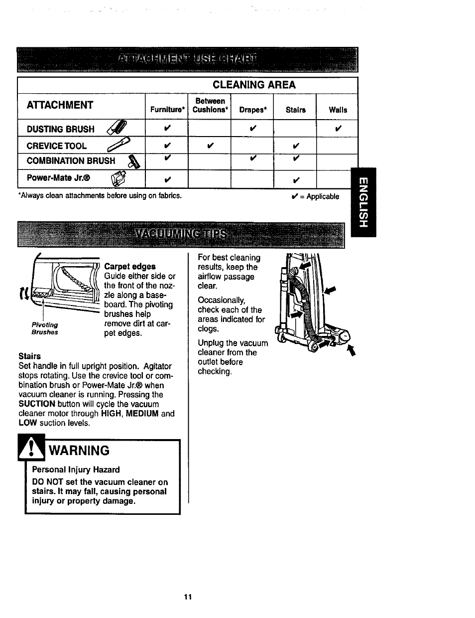 Warning, Cleaning area | attachment | Kenmore 116.34924 User Manual | Page 11 / 40