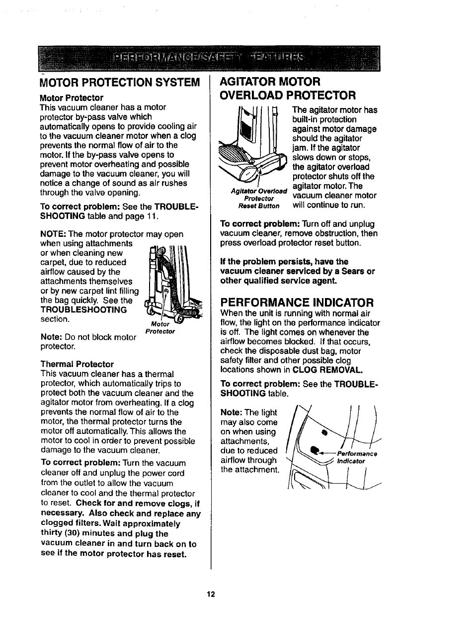 Motor protection system, Motor protector, Thermal protector | Agitator motor overload protector, Performance indicator | Kenmore 116.34924 User Manual | Page 12 / 40