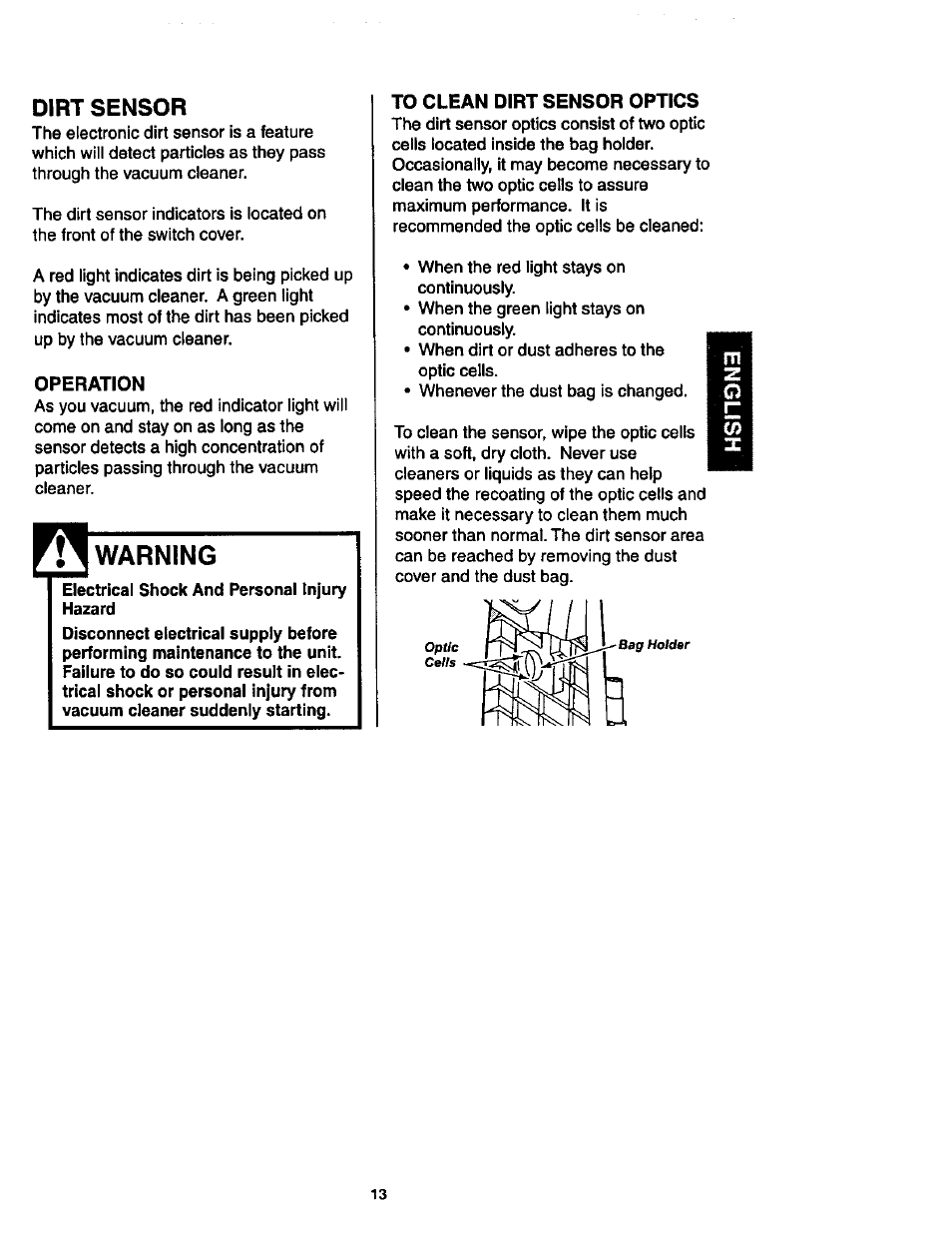 Dirt sensor, Operation, Warning | To clean dirt sensor optics | Kenmore 116.34924 User Manual | Page 13 / 40