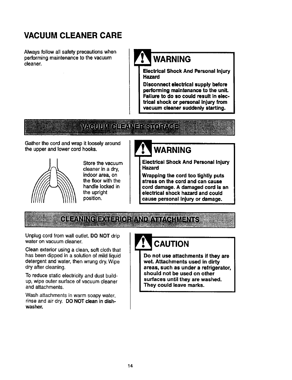 Vacuum cleaner care, Warning, Electrical shock and personal injury hazard | Caution | Kenmore 116.34924 User Manual | Page 14 / 40