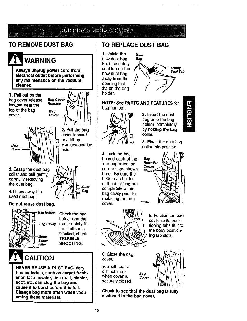 To remove dust bag, Warning, Caution | To replace dust bag | Kenmore 116.34924 User Manual | Page 15 / 40