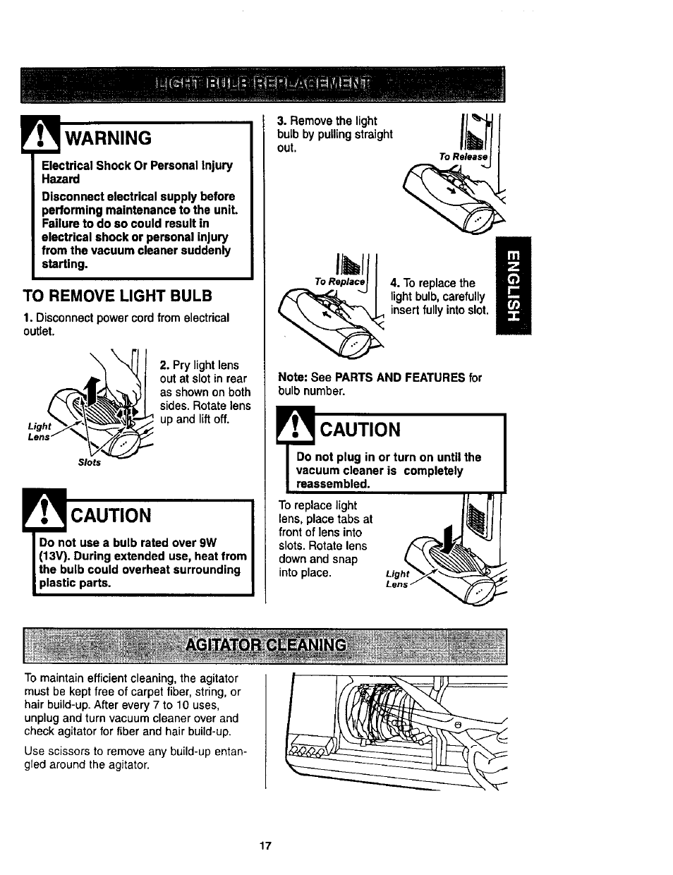 Warning, Electrical shock or personal injury hazard, To remove light bulb | Caution, Note: see parts and features for, Agitator cleaning | Kenmore 116.34924 User Manual | Page 17 / 40