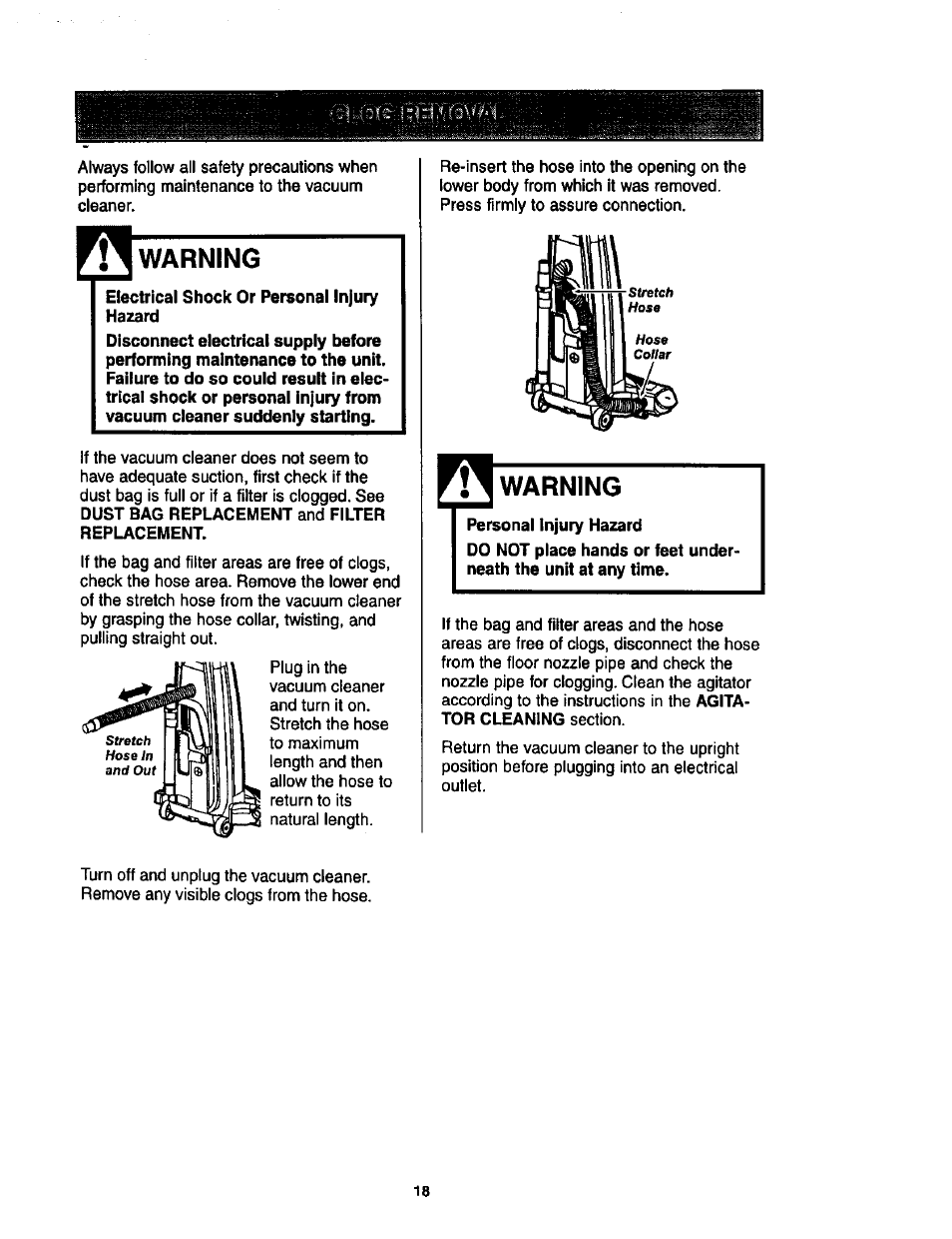 Warning, Electrical shock or personal injury hazard, Personal injury hazard | Kenmore 116.34924 User Manual | Page 18 / 40