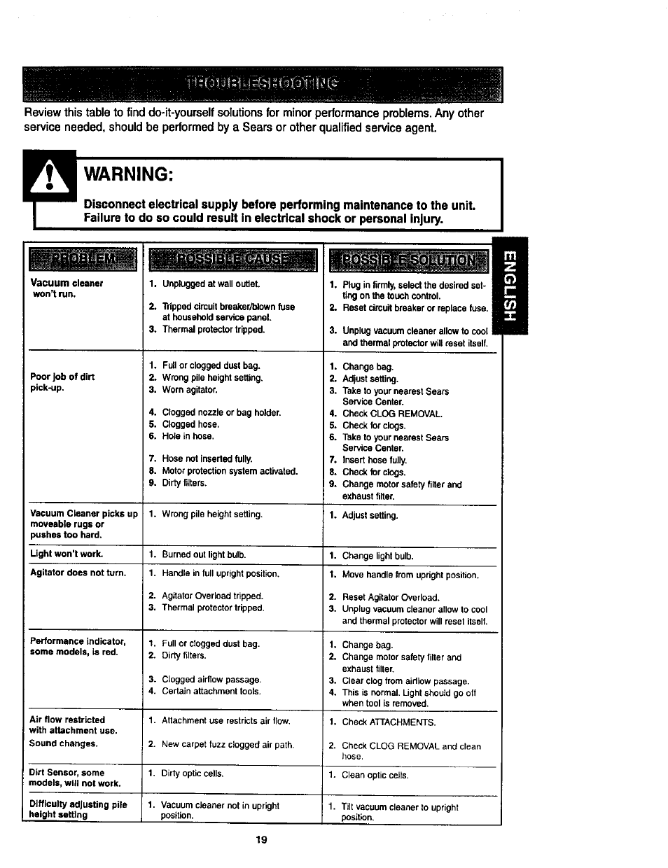 Warning | Kenmore 116.34924 User Manual | Page 19 / 40