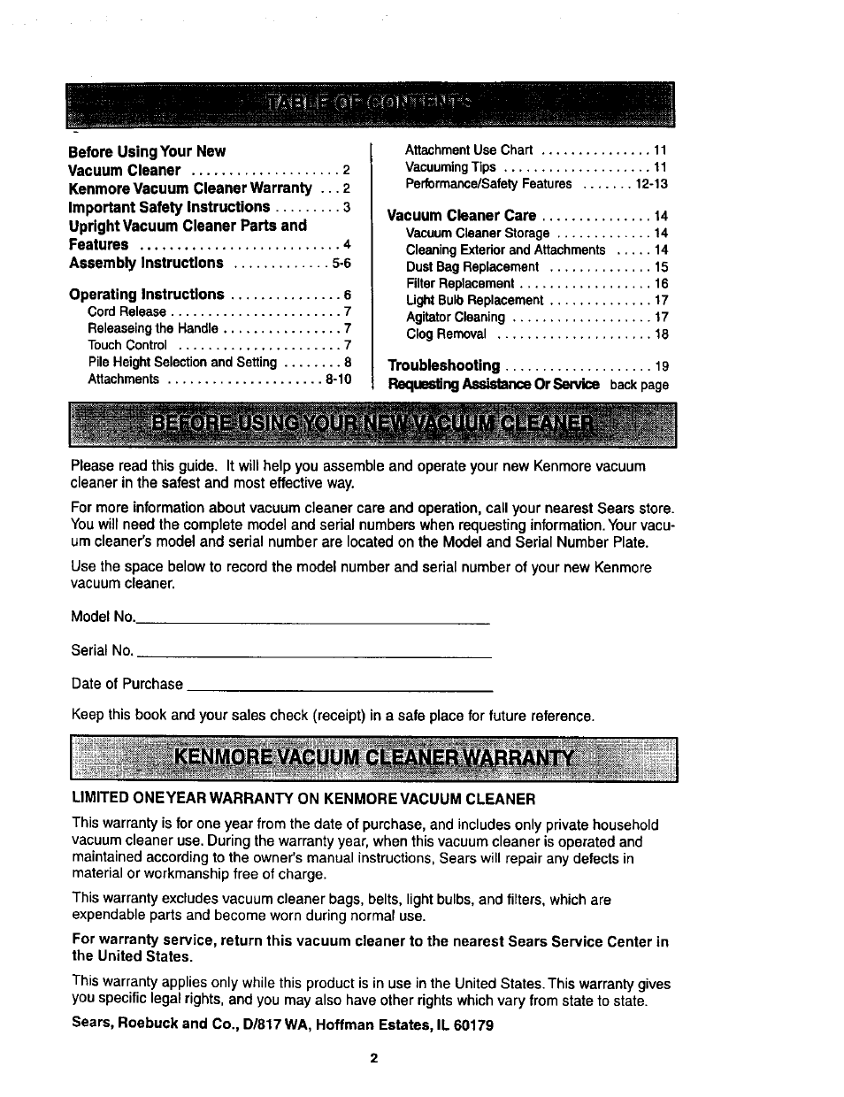 Kenmore vacuum cleaner warranty | Kenmore 116.34924 User Manual | Page 2 / 40