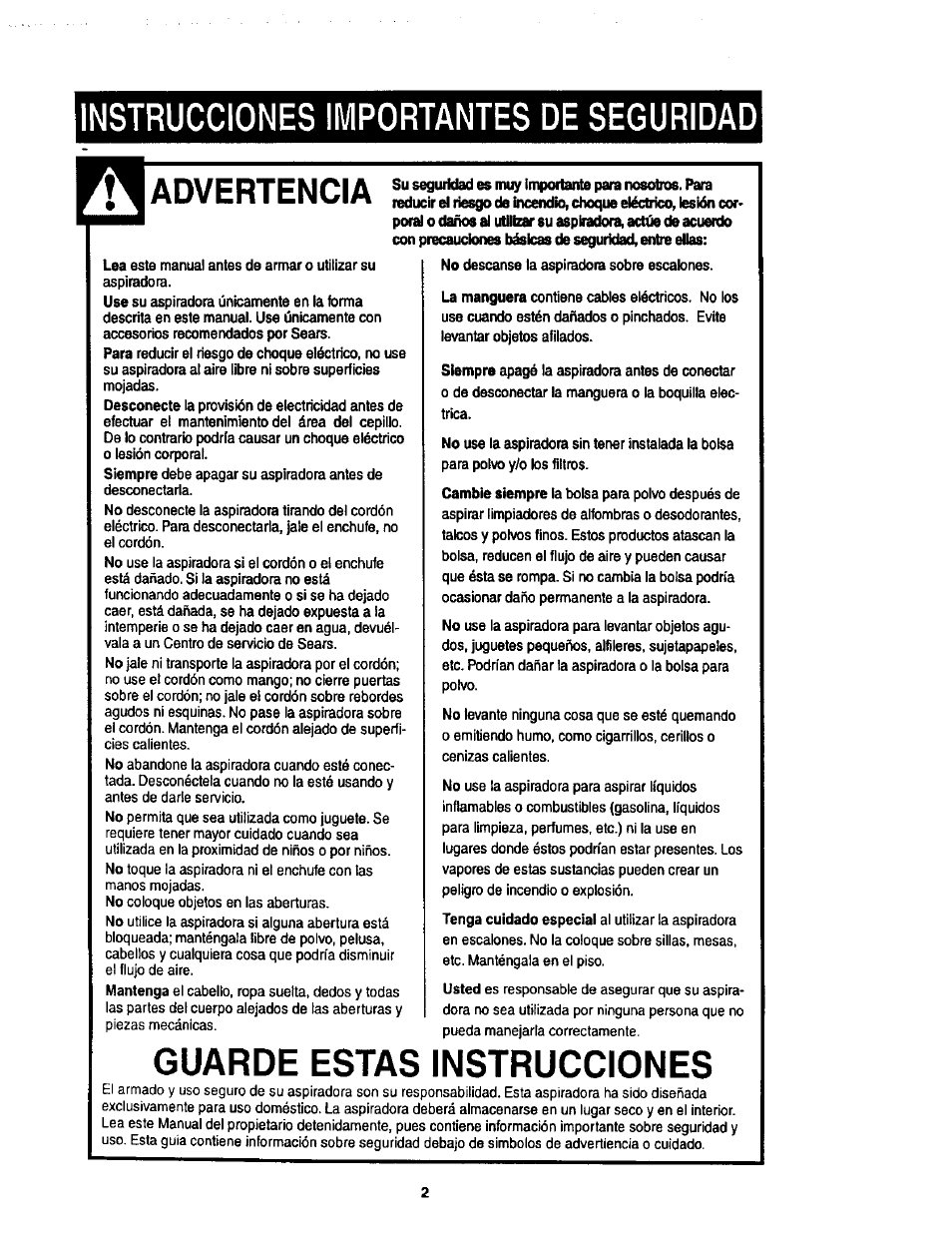 Instrucciones importantes de seguridad, Guarde estas instrucciones, Advertencia | Kenmore 116.34924 User Manual | Page 22 / 40