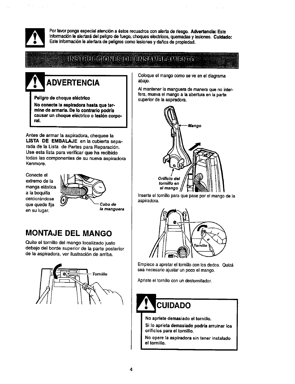 Advertencia, Montaje del mango, Cuidado | Kenmore 116.34924 User Manual | Page 24 / 40