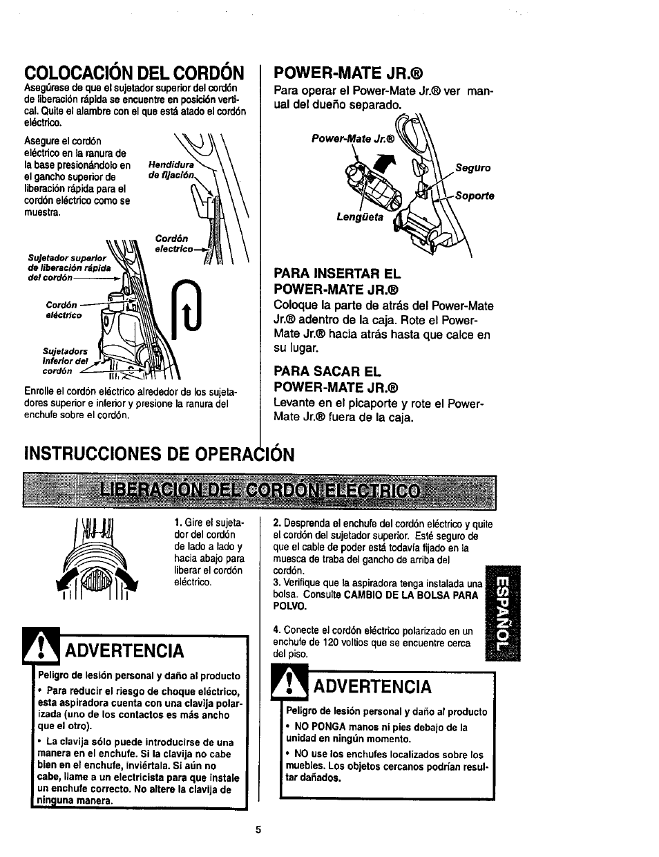 Colocacion del cordon, Power-mate jr, Para insertar el power-mate jr | Para sacar el power-mate jr, Instrucciones de operación, Advertencia, Electrico | Kenmore 116.34924 User Manual | Page 25 / 40