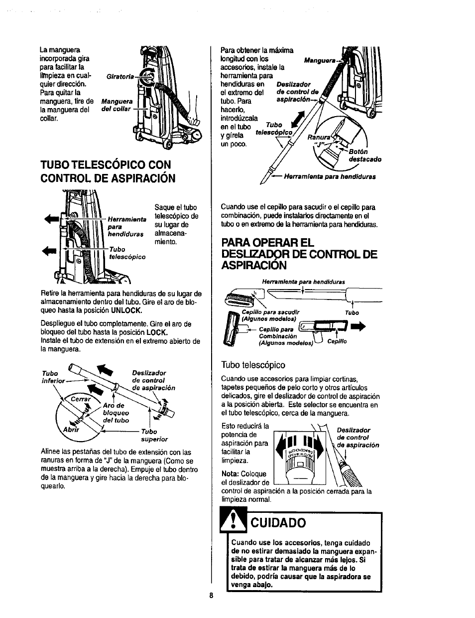 Tubo telescopico con control de aspiración, Para operar el deslizador de combol de aspiracion, Cuidado | Tubo telescópico | Kenmore 116.34924 User Manual | Page 28 / 40