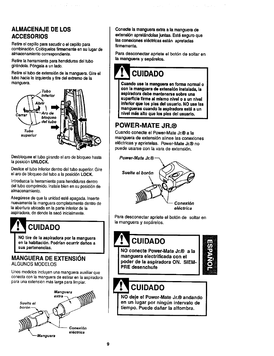 Almacenaje delos accesorios, Cuidado, Manguera de extensión | Algunos modelos | Kenmore 116.34924 User Manual | Page 29 / 40