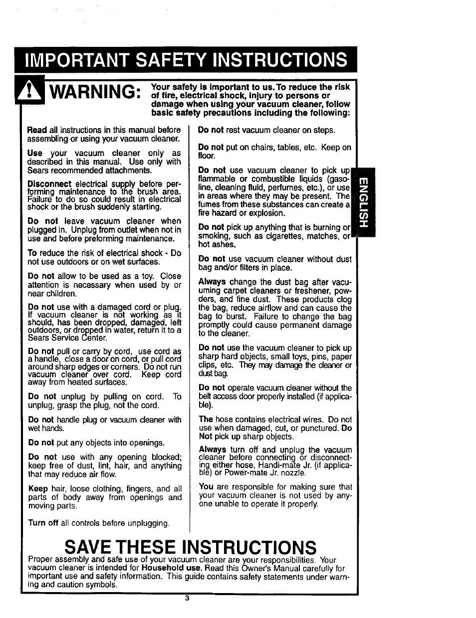 Important safety instructions, Save these instructions, Warning | Kenmore 116.34924 User Manual | Page 3 / 40