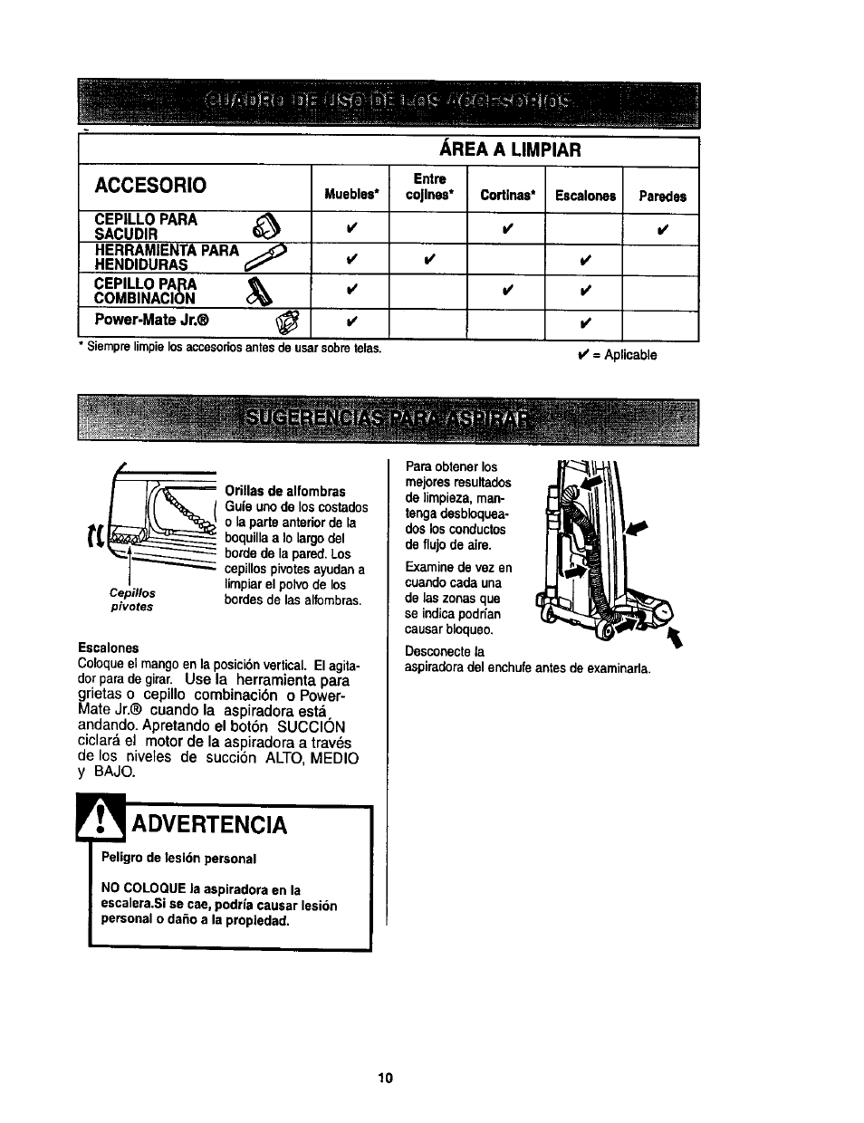 Advertencia, Área a limpiar accesorio | Kenmore 116.34924 User Manual | Page 30 / 40