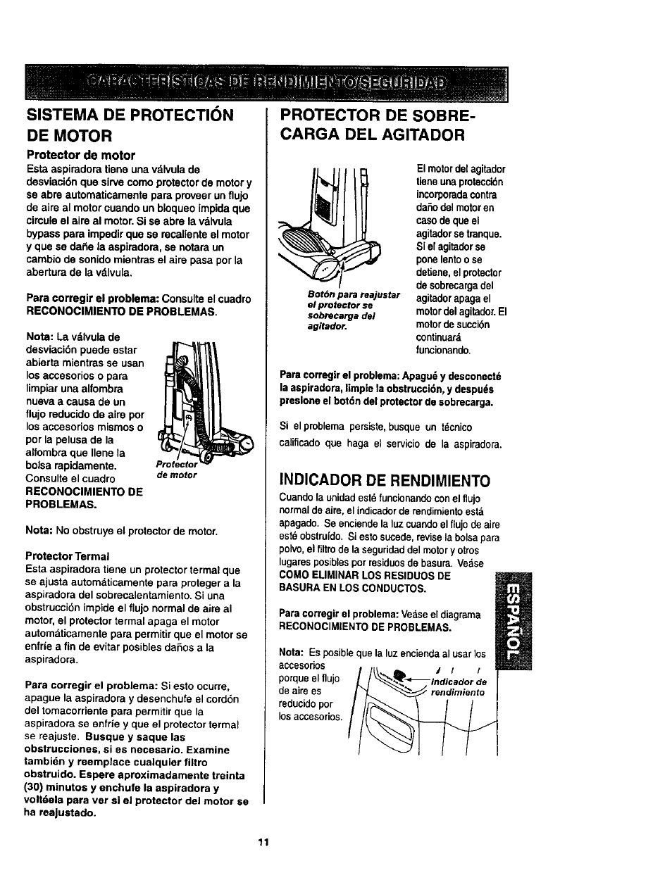 Sistema de protection de motor, Protector de sobrecarga del agitador, Indicador de rendimiento | Protector de sobre­ carga del agitador | Kenmore 116.34924 User Manual | Page 31 / 40