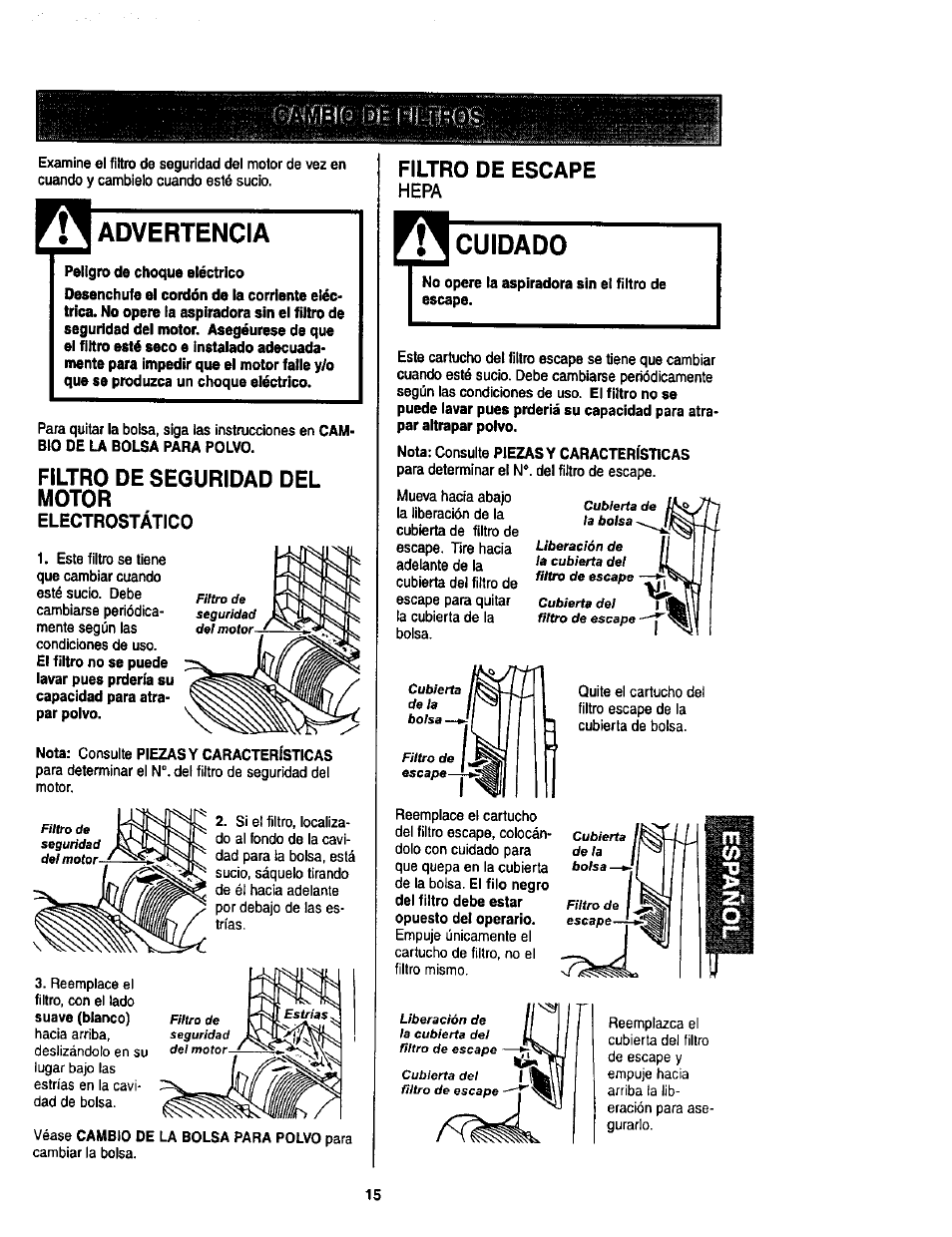 Advertencia, Filtro de seguridad del motor, Electrostático | Filtro de escape, Cuidado | Kenmore 116.34924 User Manual | Page 35 / 40