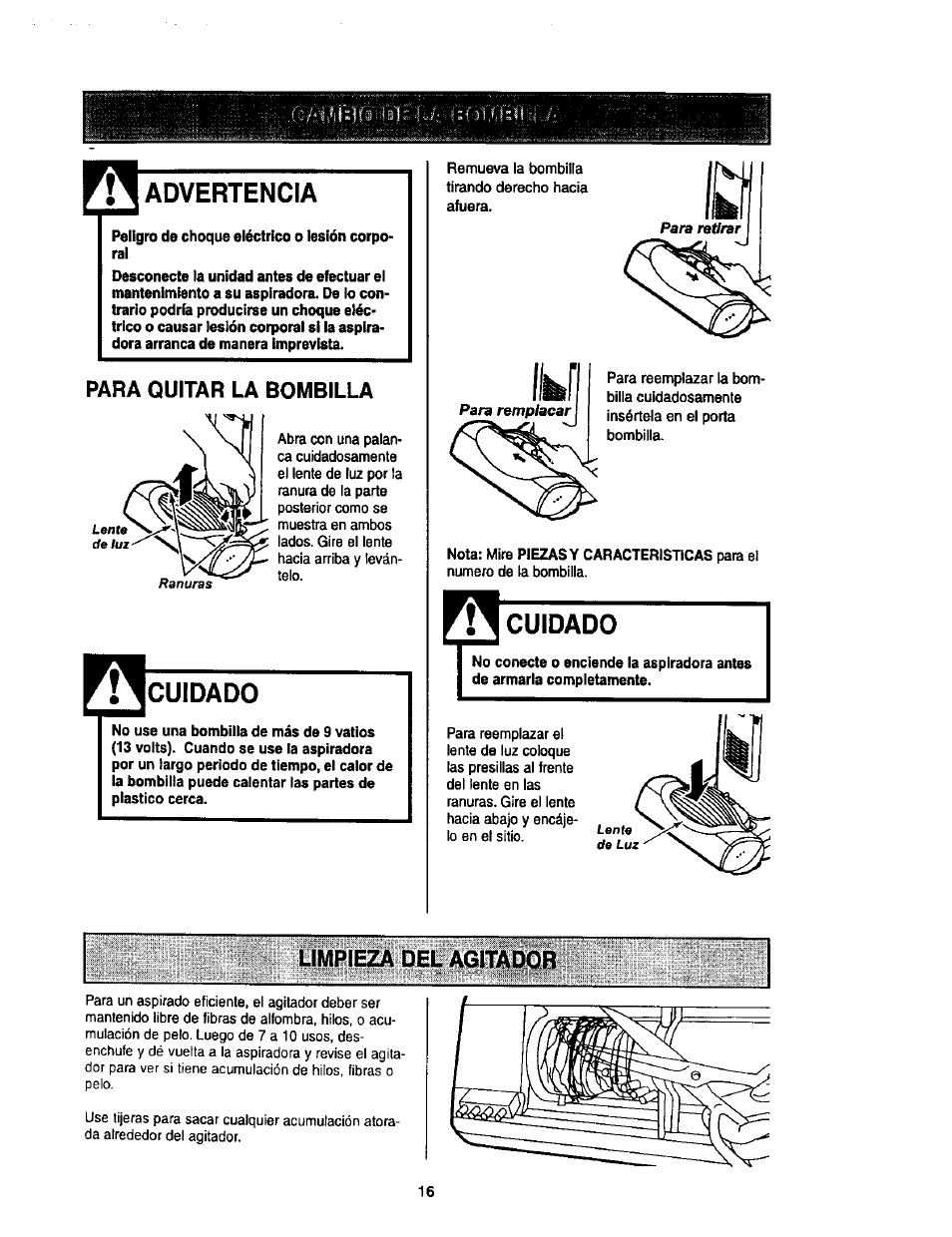 Advertencia, Para quitar la bombilla, Cuidado | Limpieza del agitador | Kenmore 116.34924 User Manual | Page 36 / 40