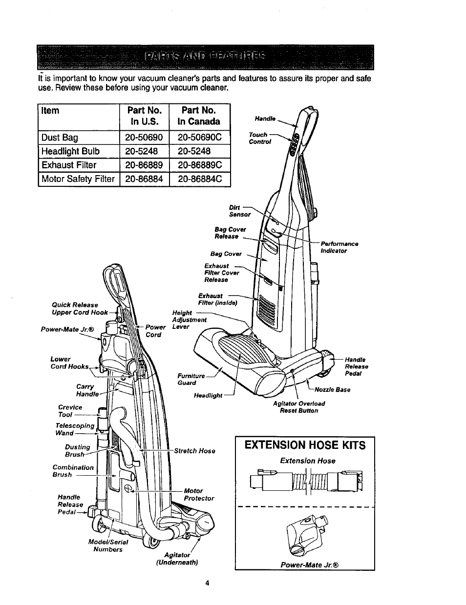 Extension hose kits, Brush, Extension hose | Power-mate jr | Kenmore 116.34924 User Manual | Page 4 / 40