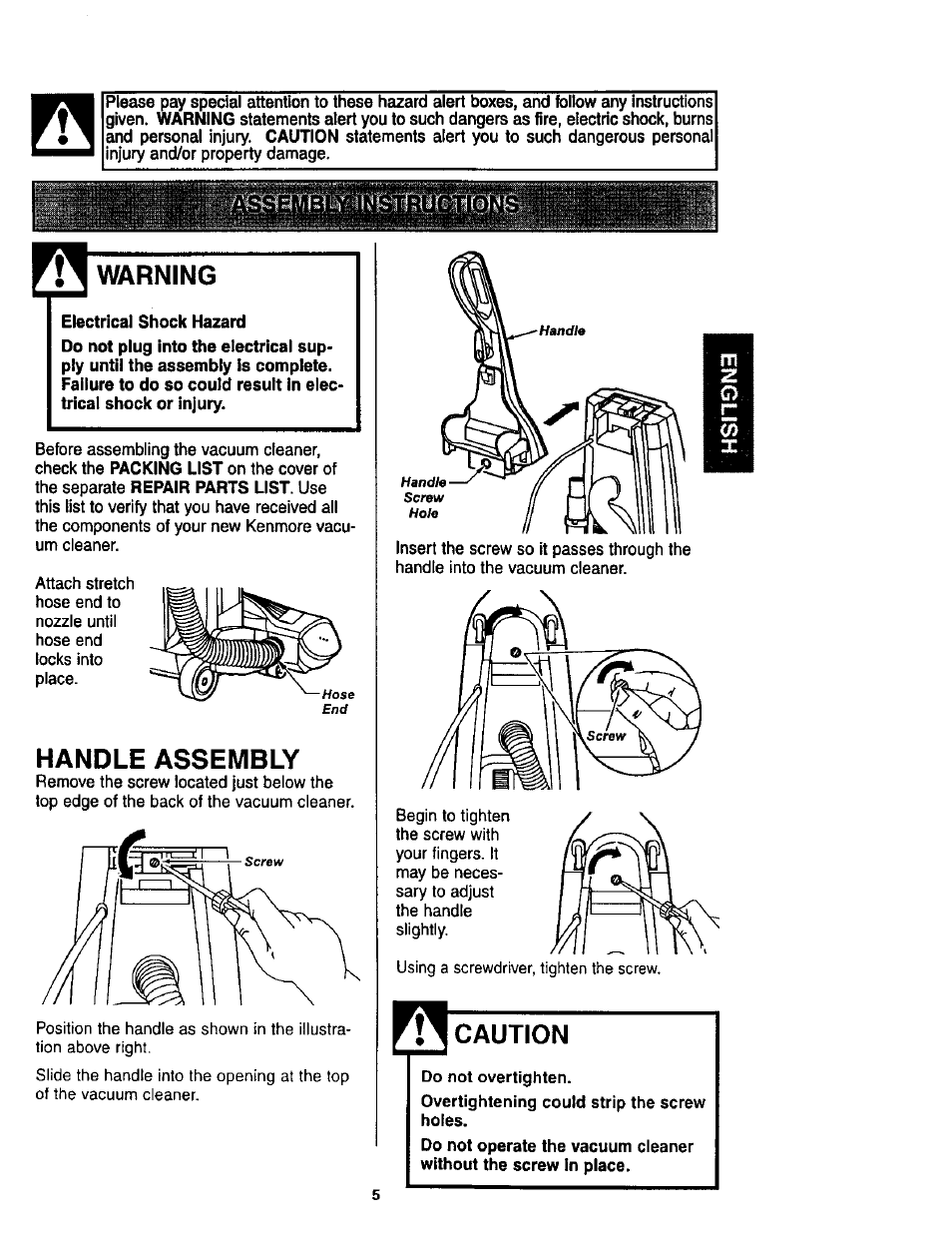 Warning, Handle assembly, Caution | Kenmore 116.34924 User Manual | Page 5 / 40