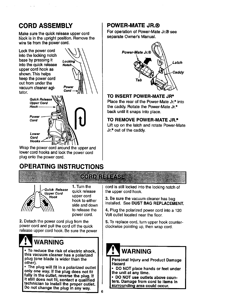 Cord assembly, Operating instructions, To insert power-mate jr | To remove power-mate jr, Warning, Power-mate jr | Kenmore 116.34924 User Manual | Page 6 / 40