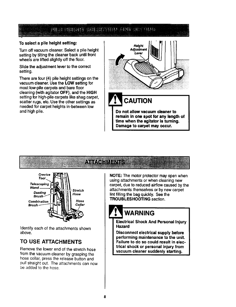 Caution, To use attachments, Warning | Kenmore 116.34924 User Manual | Page 8 / 40