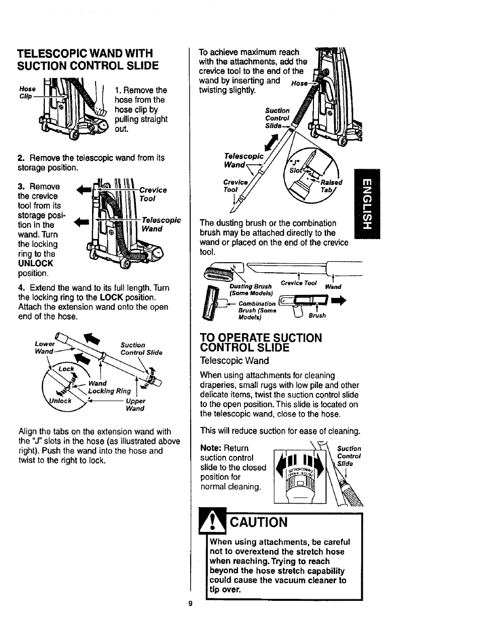 Telescopic wand with suction control slide, To operate suction control slide, Caution | Crevice tool telescopic wand, Telescopic wand | Kenmore 116.34924 User Manual | Page 9 / 40