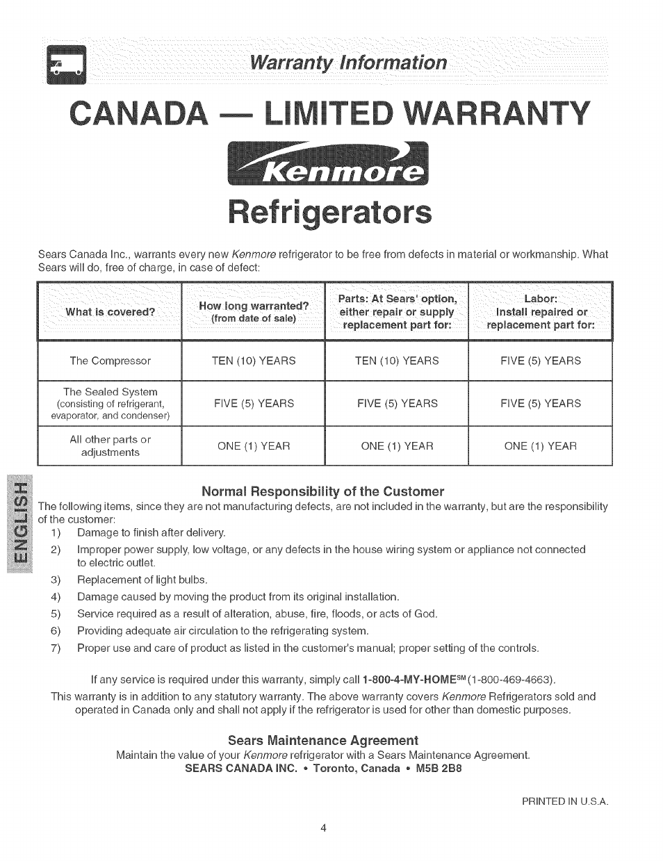 Limited warranty, Refrigerators, Canada ■ limited warranty | Ken m or g | Kenmore 25374184403 User Manual | Page 4 / 20