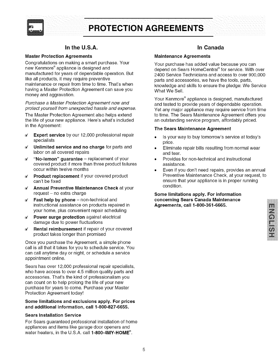 In the u.s.a, Sears installation service, In canada | Protection agreements | Kenmore 25374184403 User Manual | Page 5 / 20