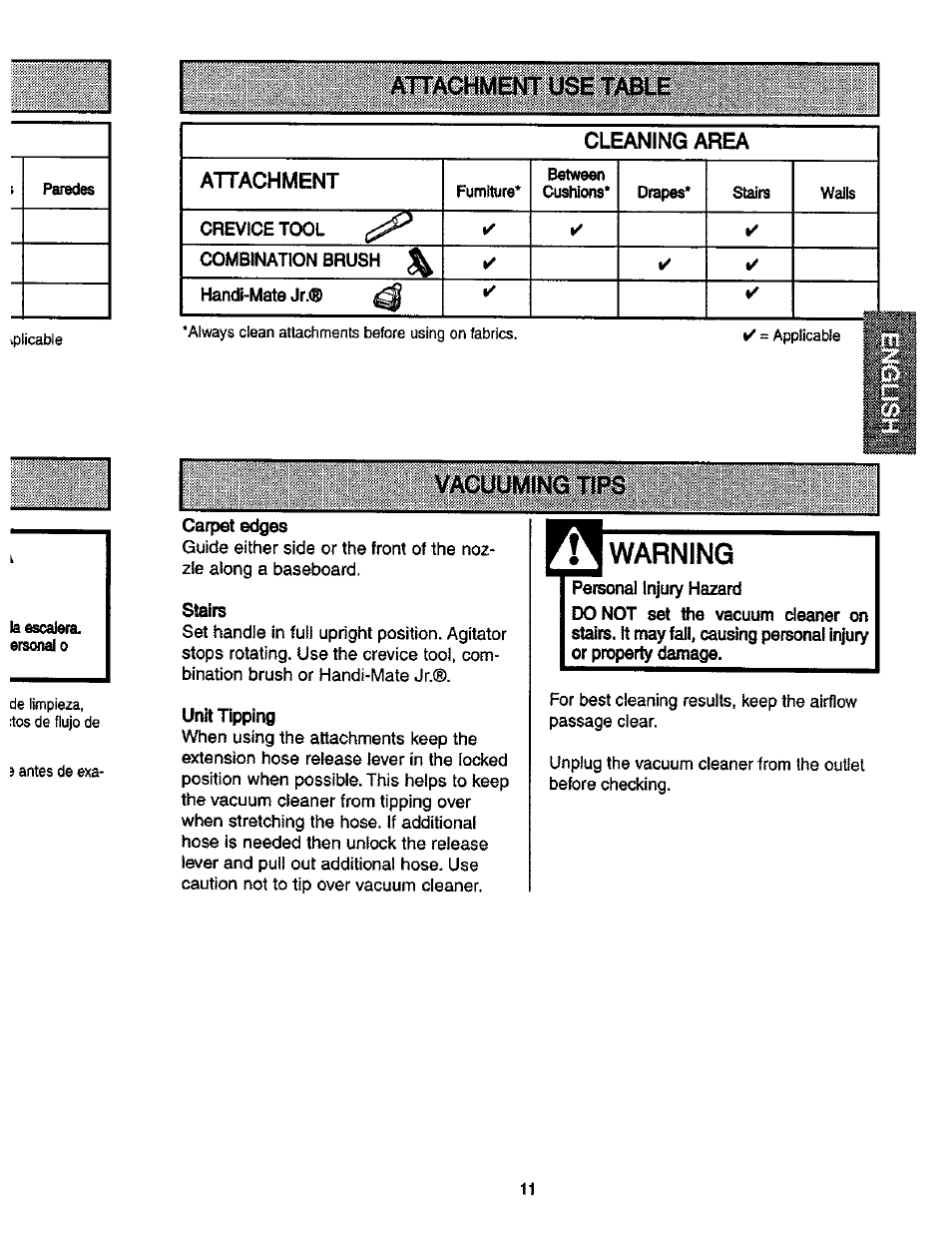 Vacuumine tips, Warning, Vacuuming tips | Kenmore ASPIRADORA 116.35913 User Manual | Page 11 / 40