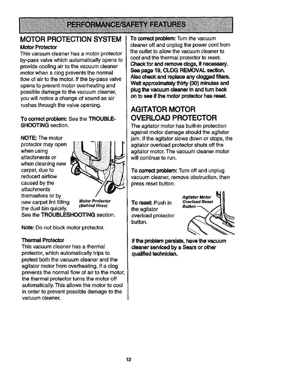 Perfcmmancbsarety tcatures, Motor protection system, Agitator motor overload protector | Perfcmmancbsarety tcatures motor protection system | Kenmore ASPIRADORA 116.35913 User Manual | Page 12 / 40