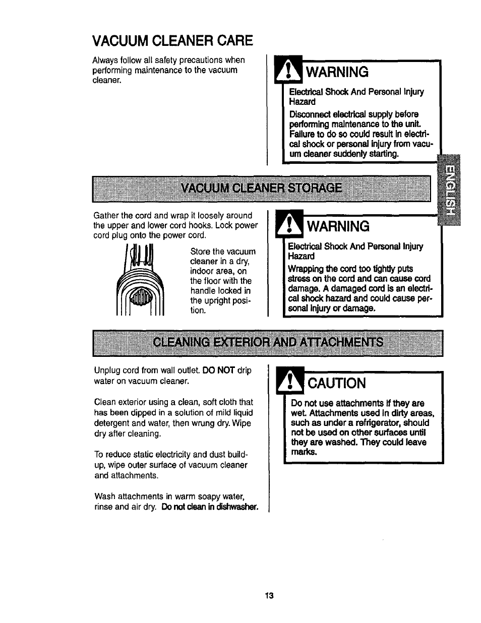 Vacuum cleaner care, Warning, Caution | Kenmore ASPIRADORA 116.35913 User Manual | Page 13 / 40