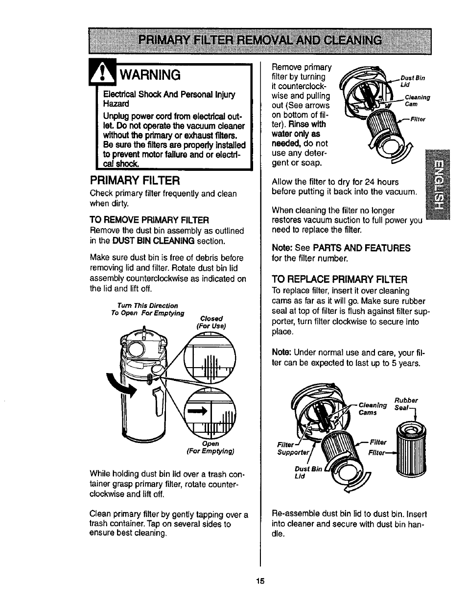 Warning, Primary filter, To replace primary filter | Kenmore ASPIRADORA 116.35913 User Manual | Page 15 / 40