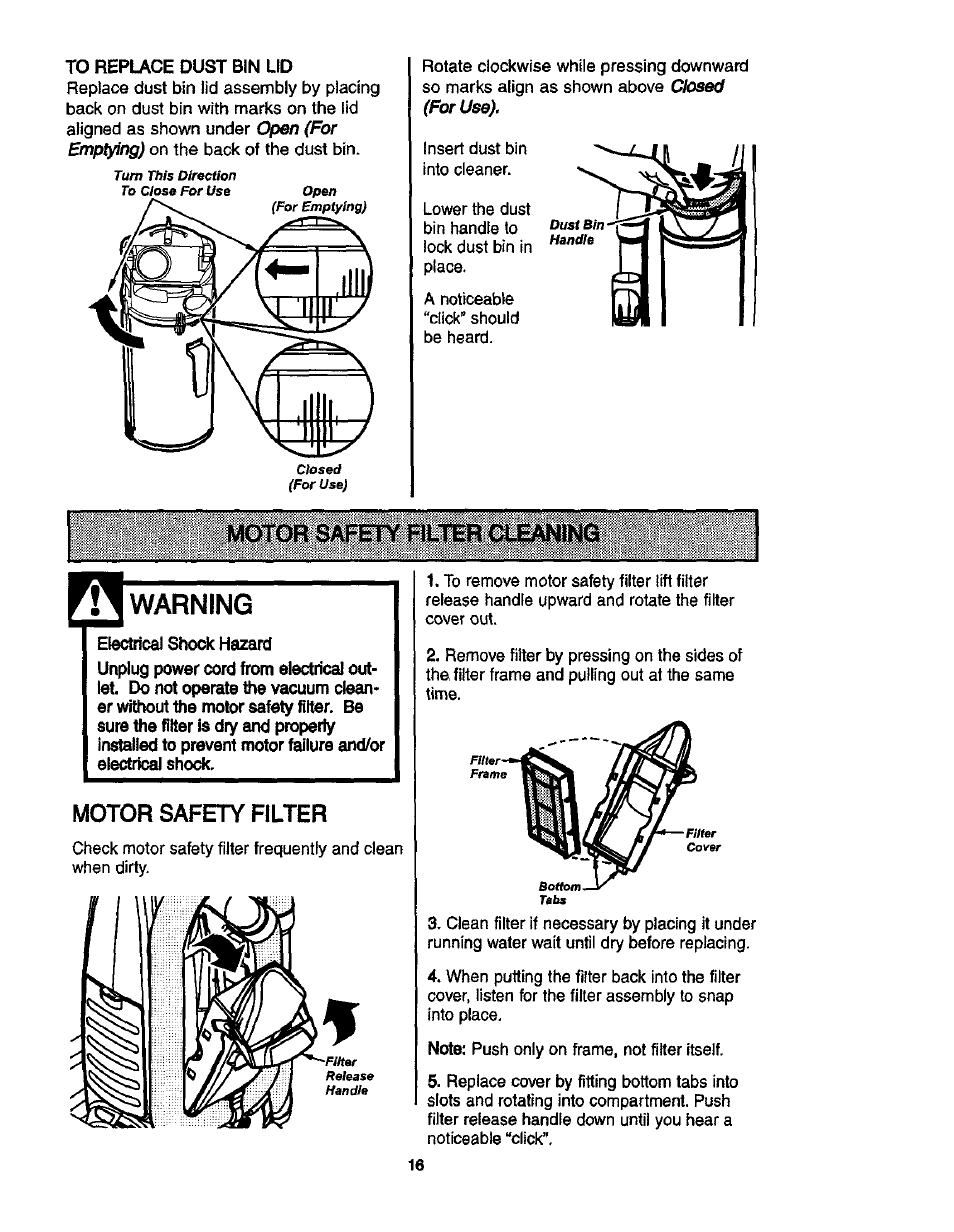 Warning, Motor safety filter, Motor safety filter cleaning | Kenmore ASPIRADORA 116.35913 User Manual | Page 16 / 40