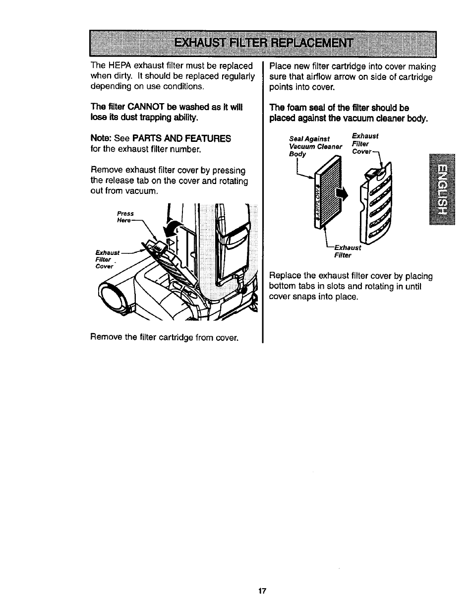 Exhaust rlter rbílacaffint | Kenmore ASPIRADORA 116.35913 User Manual | Page 17 / 40