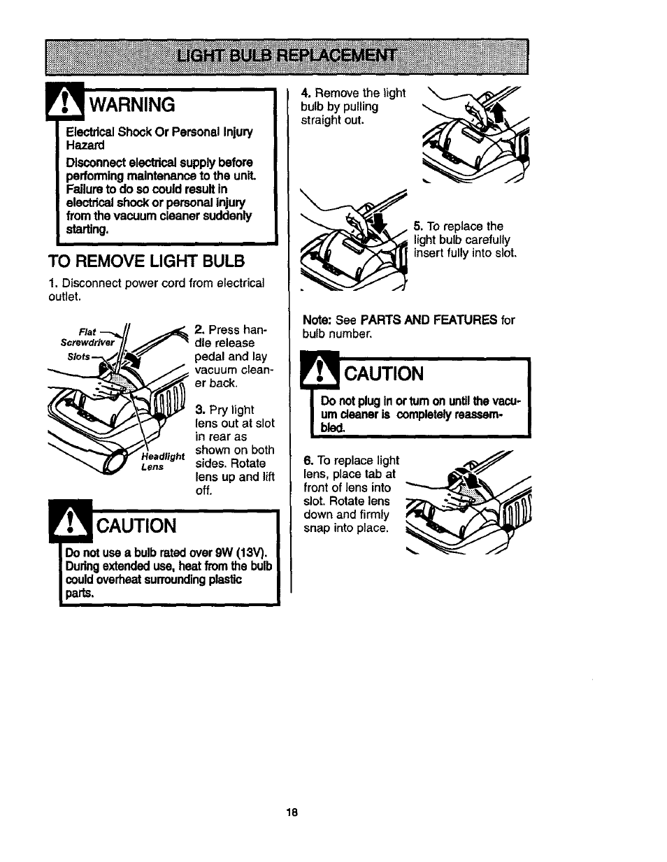 Warning, To remove light bulb, Caution | Kenmore ASPIRADORA 116.35913 User Manual | Page 18 / 40