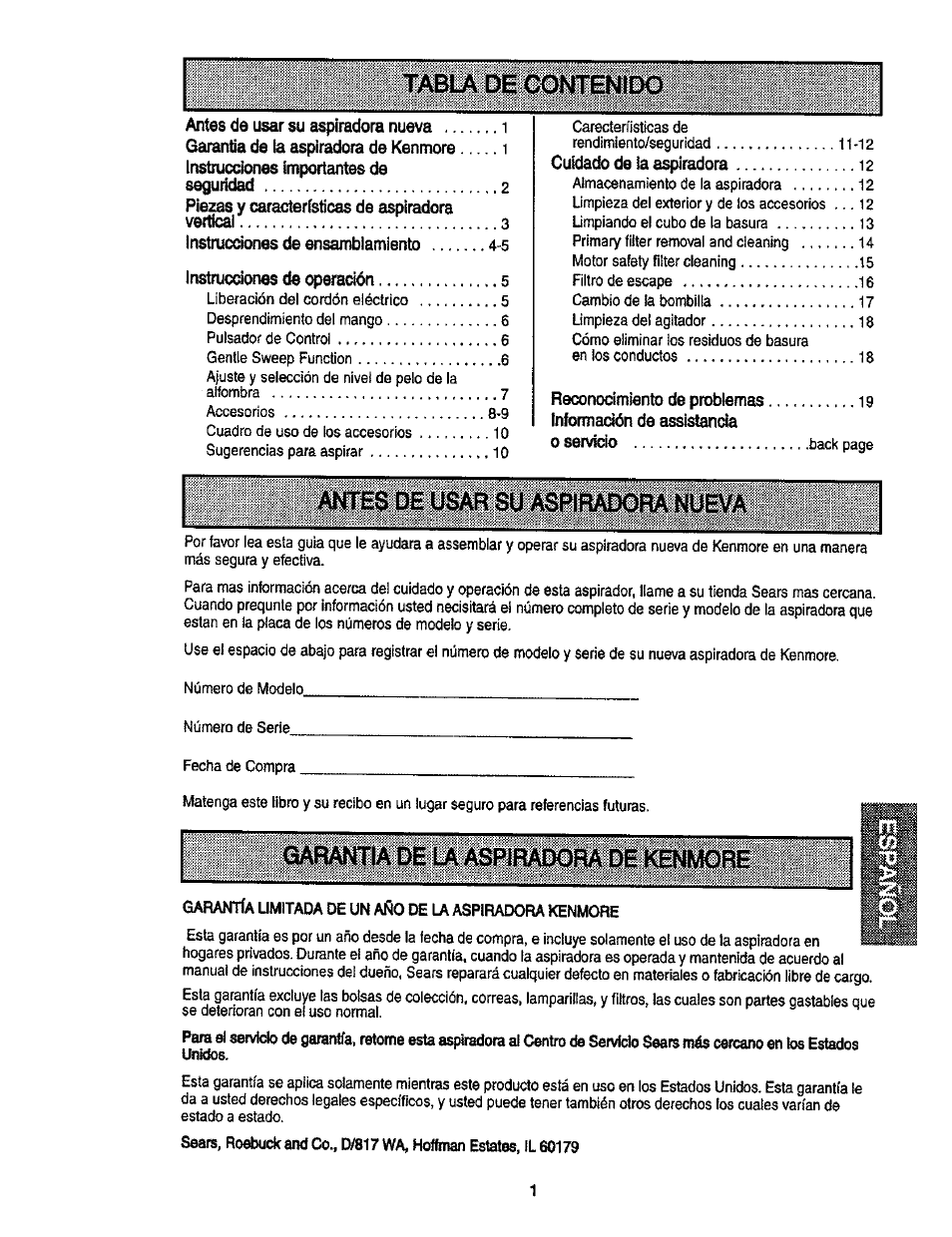 Tabla de contentix), Qarantia de u aspiradora de kenmore | Kenmore ASPIRADORA 116.35913 User Manual | Page 21 / 40