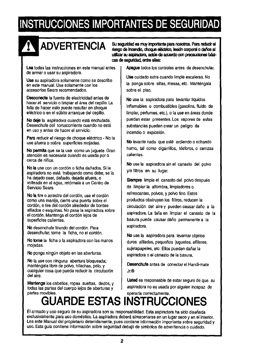 Nstrucciones importantes de seguridad, Instrucciones, Advertencia | Guarde estas | Kenmore ASPIRADORA 116.35913 User Manual | Page 22 / 40